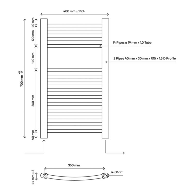 GoodHome profilvarmet sort badeværelsesradiator 70 x 40 cm