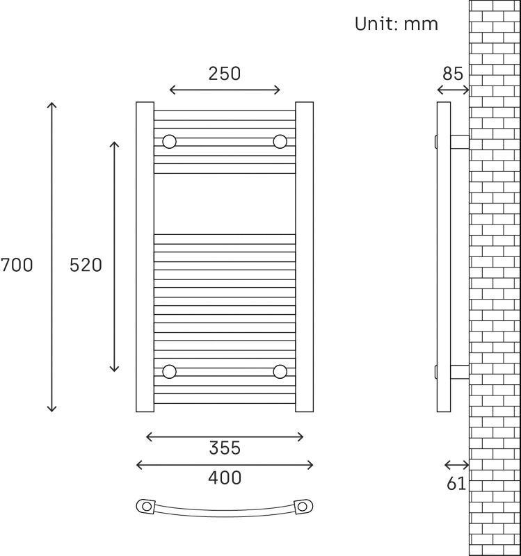 GoodHome profilvarmet sort badeværelsesradiator 70 x 40 cm