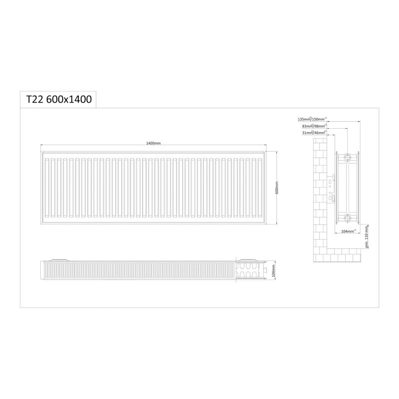 Panelradiator C22 60x140 cm Hvid
