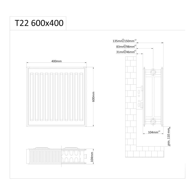 Stålradiator C22 60x40 cm Hvid