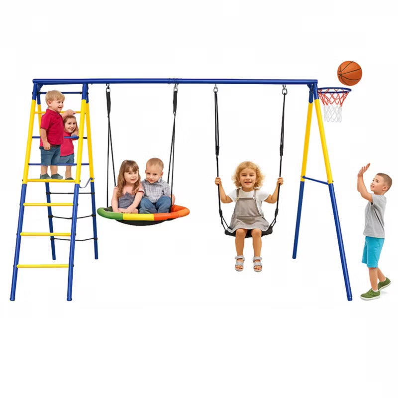Gyngestativ 271x180x185 cm Blå Stål med Fugleredegynge og Basketballkurv