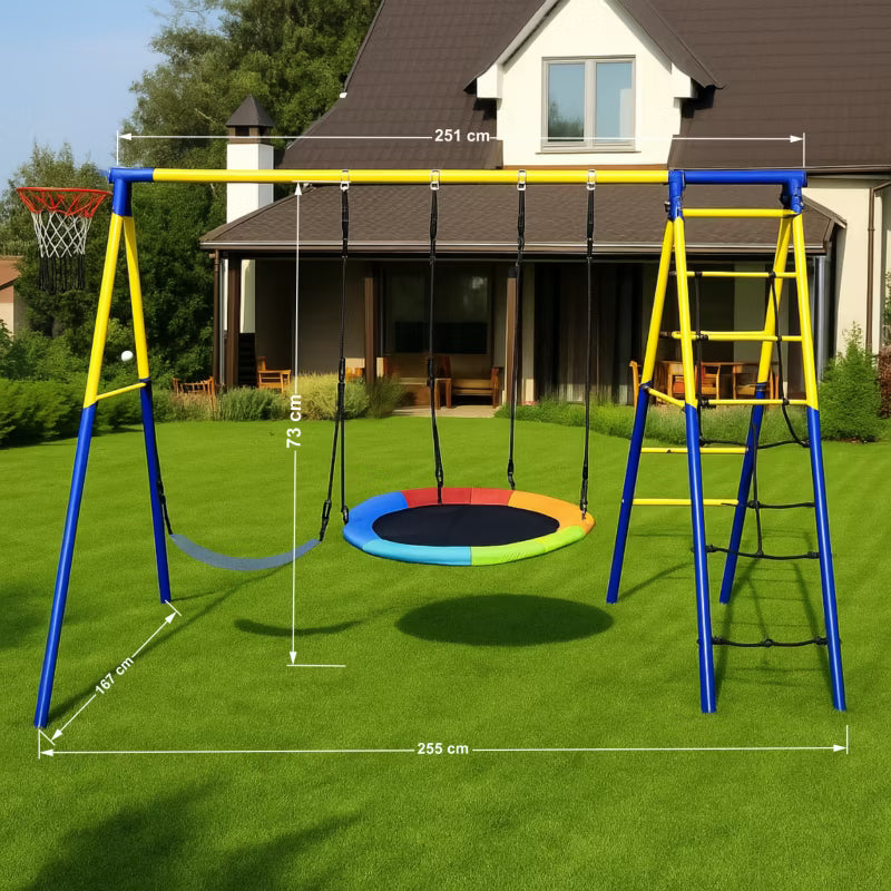 Gyngestativ 271x180x185 cm Blå Stål med Fugleredegynge og Basketballkurv