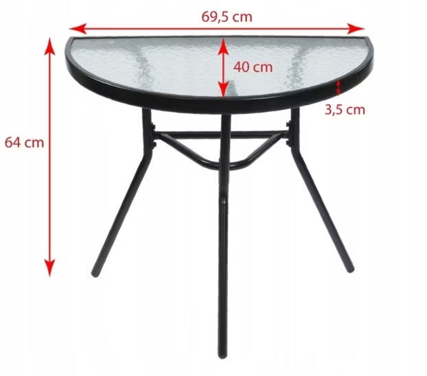Halvrundt Altanbord 69,5x40 cm Sort Glas Metal