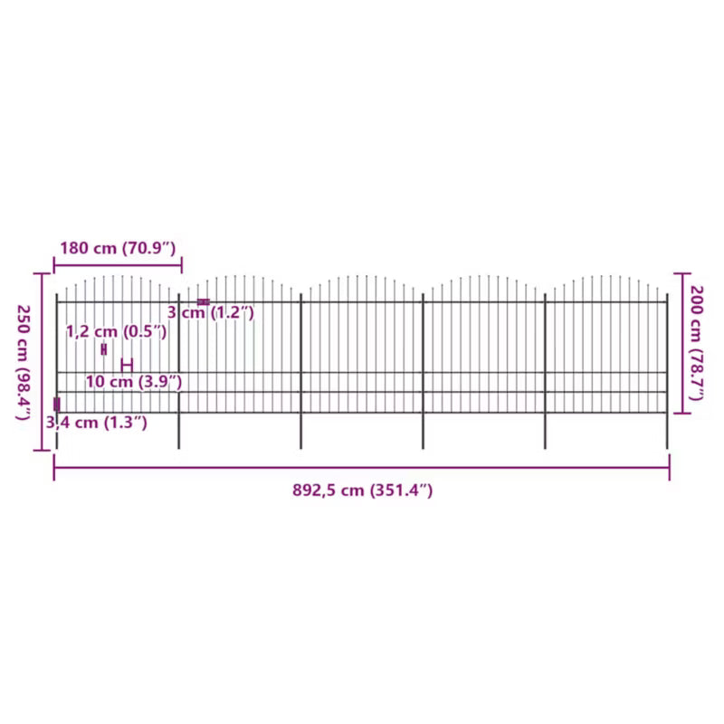 Havehegn 850x200 cm Sort Stål 5 Stk