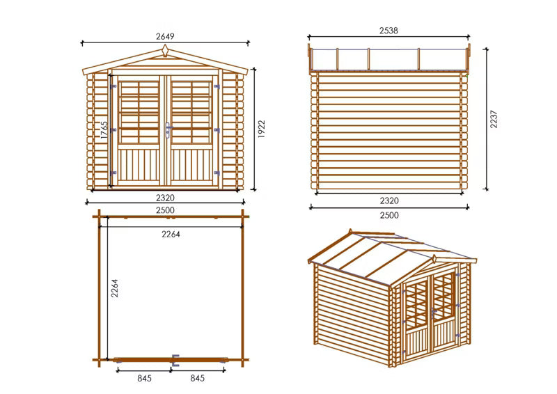 Havehus 2,50x2,50 m 28 mm Træ Natur DOM521