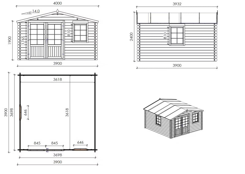 Havehus Gran 3,90x3,90 m 40 mm DOM658