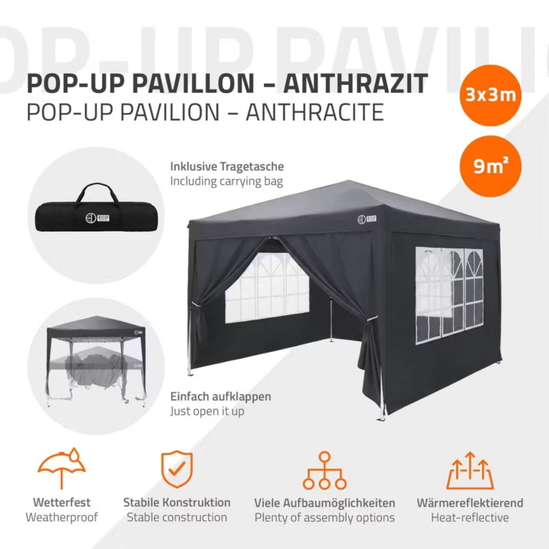Havepavillon Pop-Up 3x3 m Antracit Vandtæt