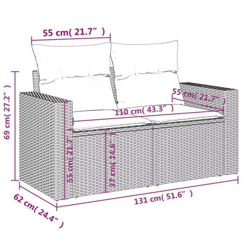 Havesofa 131x62 cm Sort Poly疏rattan med Hynder