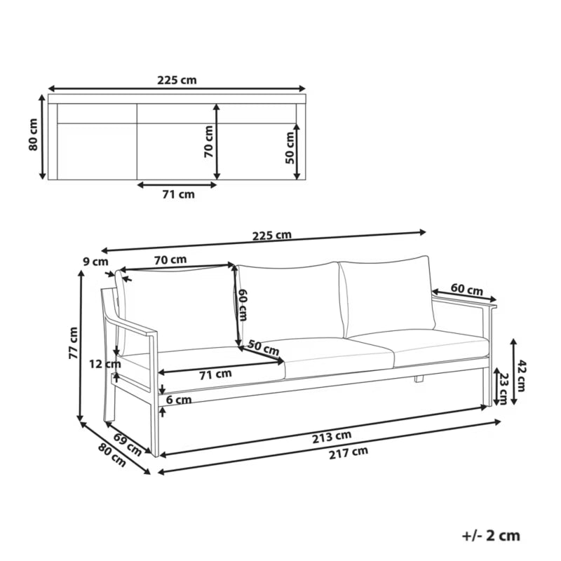 Havesofa 3-Personer 225x80 cm Lysegrå Aluminium
