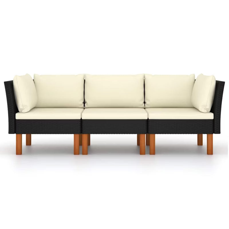 Havesofa 3-Personer Polyratan Sort med Hynder