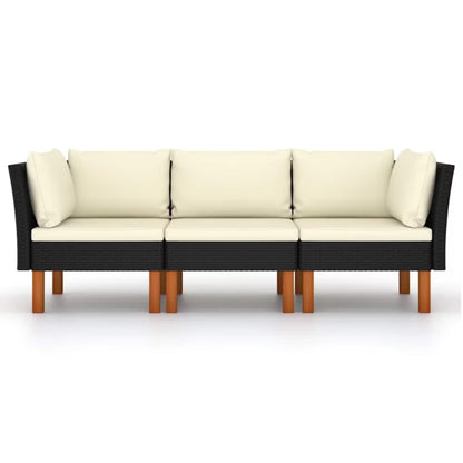 Havesofa 3-Personer Polyratan Sort med Hynder