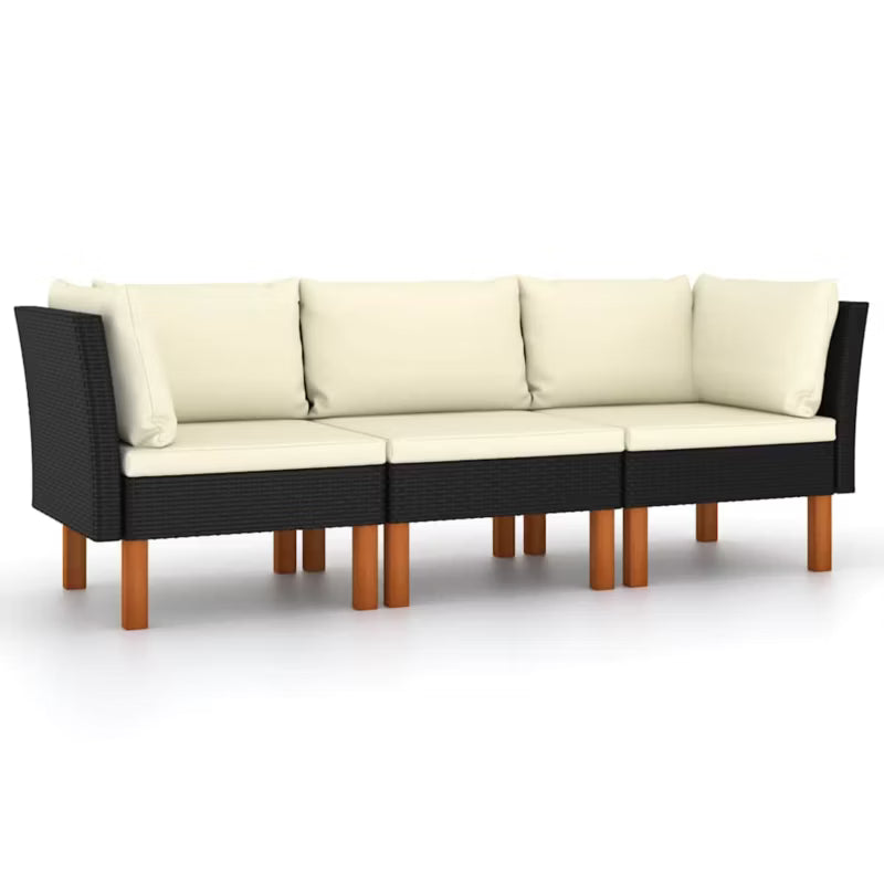 Havesofa 3-Personer Polyratan Sort med Hynder
