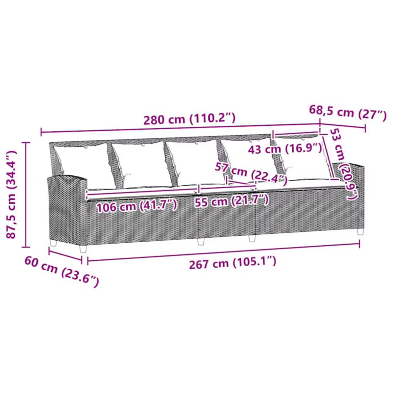 Havesofa 5-Personers Polykuglerattan 280x68,5 cm Beige med Hynder