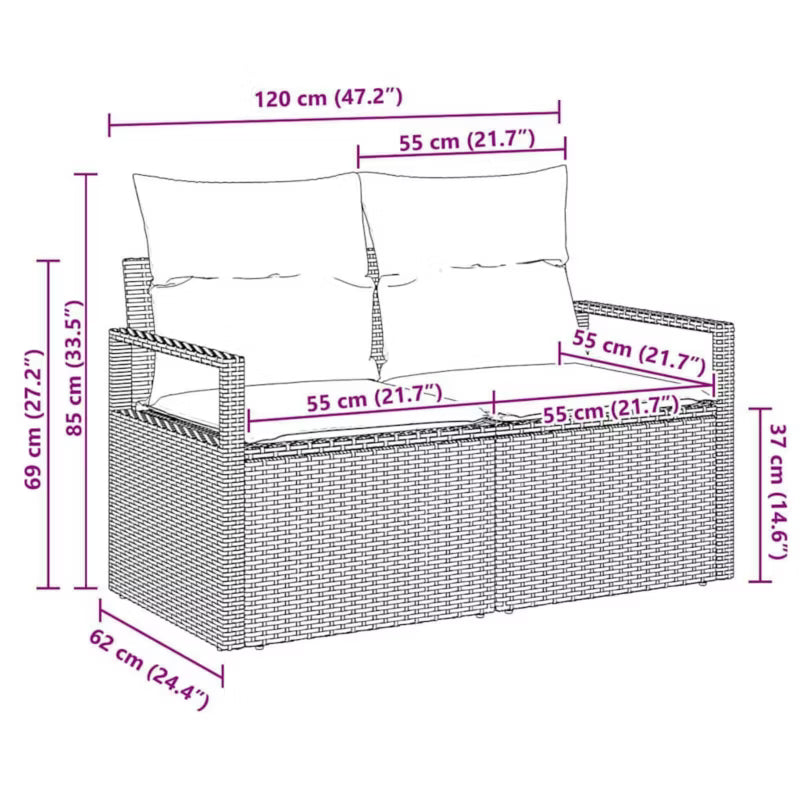 Havesofa Polyrattan 120x62 cm Sort med Hynder