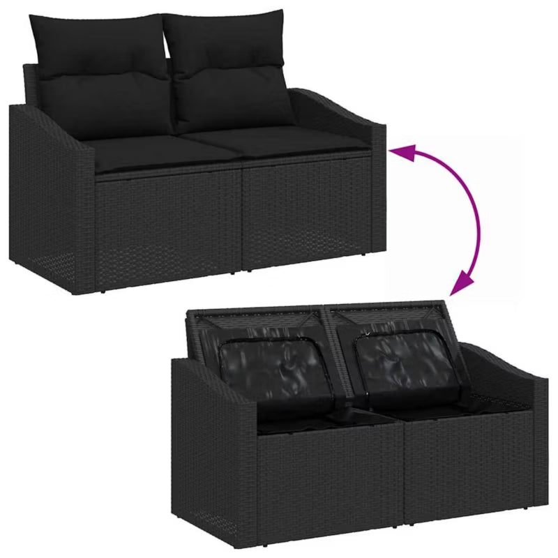 Havesofa Polyrattan 123x62 cm Sort med Hynder