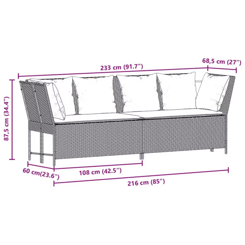 Havesofa Poly drama 233x68,5 cm Sort med Hynder