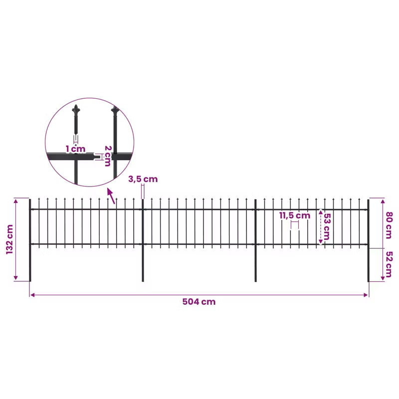 Hegnspanel 504x130 cm Sort Stål 3 Stk
