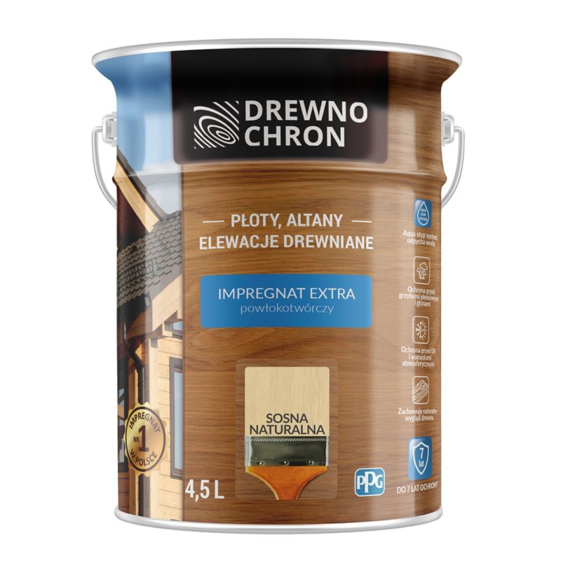 Drewnochron Extra træimpregnering med filmopbygning, naturlig fyrretræ 4,5 l