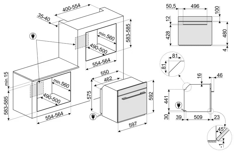 Indbygningsovn SFP6101TB3 60 cm 70 Liter Sort