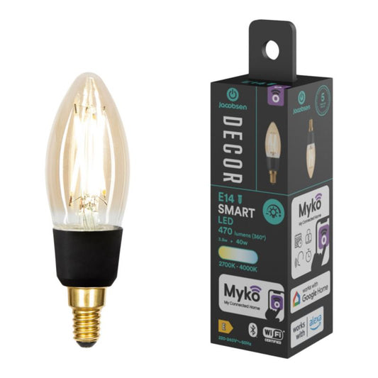 Intelligent LED-filamentpære Amber Jacobsen Myko C35 E14 470 lm CCT