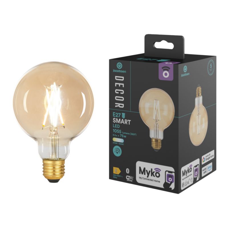 Intelligent LED-filamentpære Amber Jacobsen Myko G95 E27 1055 lm CCT