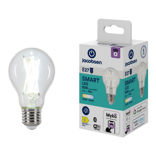 Intelligent LED-filamentpære Jacobsen Myko A60 E27 806 lm CCT
