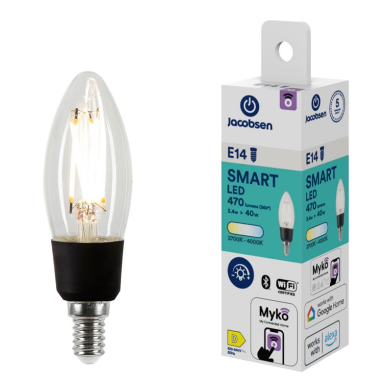 Smart LED-filamentpære Jacobsen Myko C35 E14 470 lm CCT