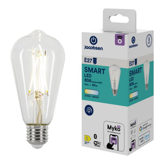 Intelligent LED-filamentpære Jacobsen Myko ST64 E27 806 lm CCT