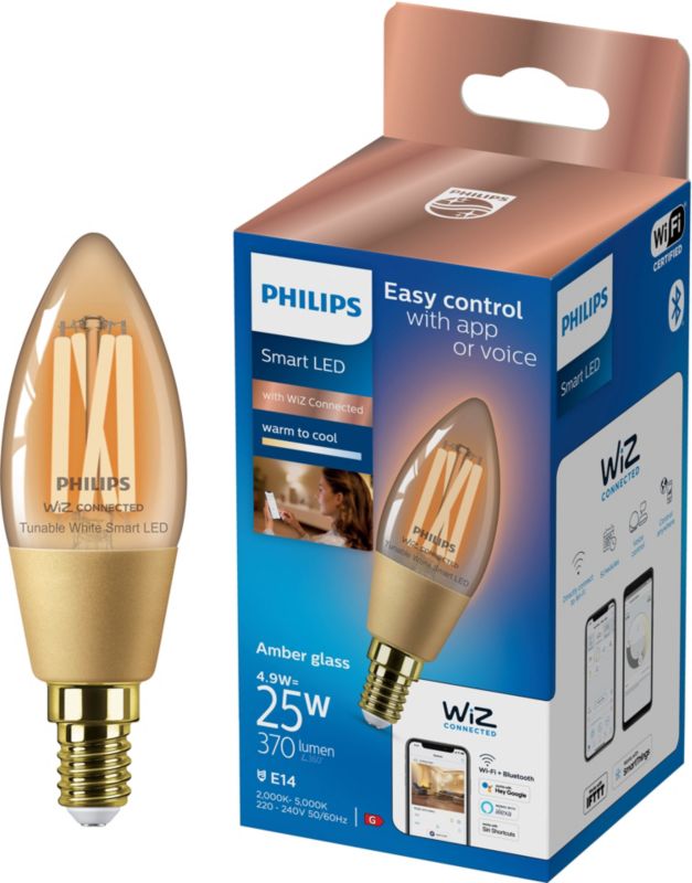 Smart LED-pære Philips C35 E14 2000/5000 K amber