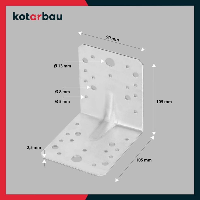 KOTARBAU tømrer-vinkelbeslag 105x105x90 mm, 12 stk.