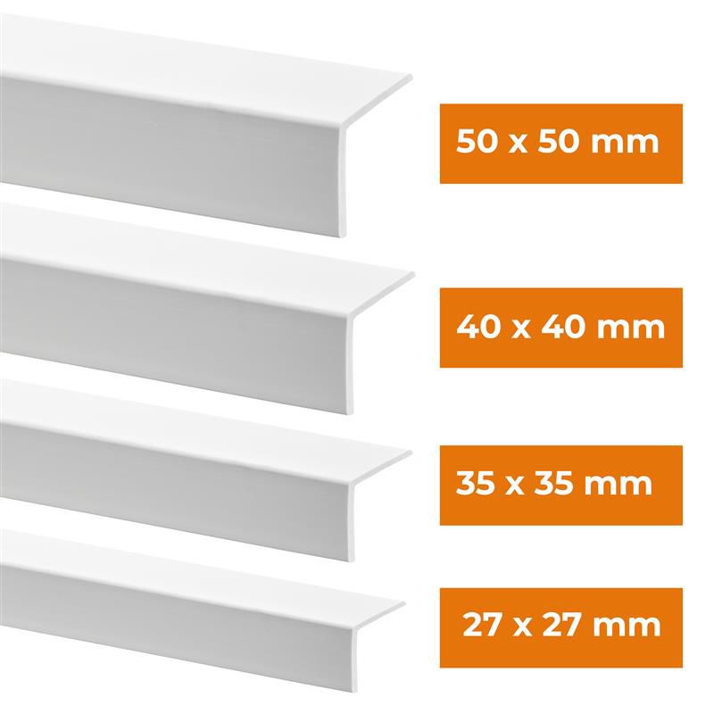 Blødt PVC-vinkelprofil 40x40 mm, QUEST beskyttende L-profil, hjørnebeskytter, KM, hvid, 1,5 m