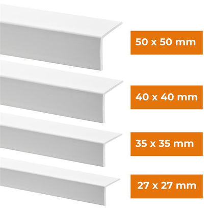 Blødt PVC-vinkelprofil 40x40 mm, QUEST beskyttende L-profil, hjørnebeskytter, KM, hvid, 1,5 m