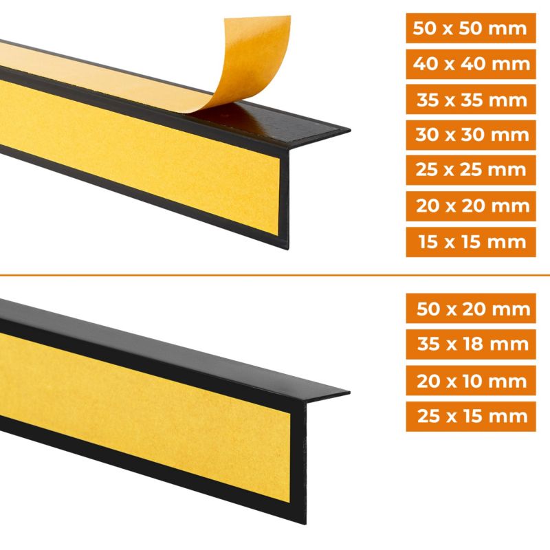 Hård PVC-vinkel 15x15 mm, QUEST selvklæbende, limet på ydersiden, dekorativ L-profil, KTZ, sort, 2 m