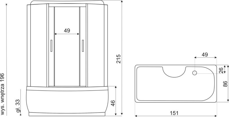 Hydromassagekabine XL 150x86 cm med dybt brusekar