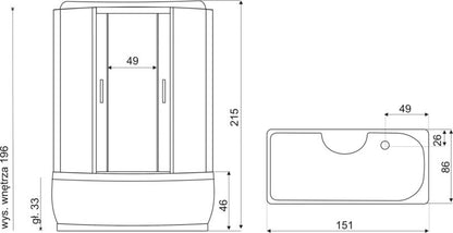 Hydromassagekabine XL 150x86 cm med dybt brusekar