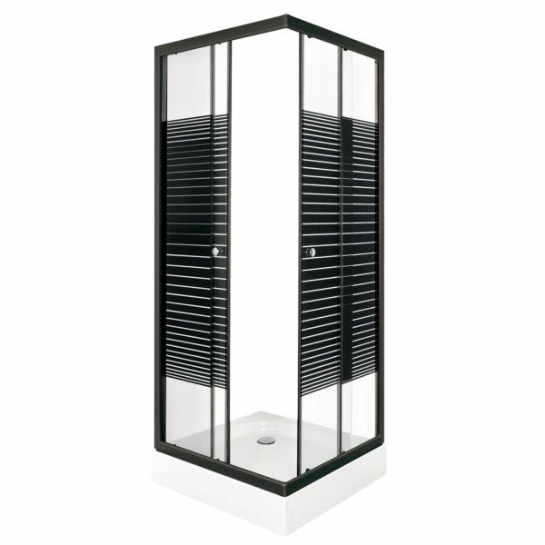 Firkantet Brusekabine 80x80 cm Transparent Glas med Sorte Striber og Akrylbrusebakke