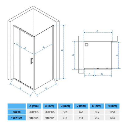 Kvadratisk Brusekabine 90x90 cm Sort Hærdet Glas 6 mm | TS-SMART-BLACK-A4-90x90