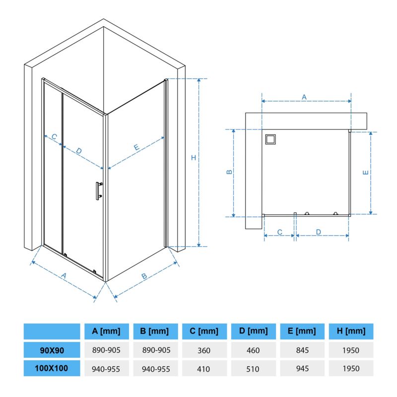 Kvadratisk Brusekabine 90x90 cm Sort Hærdet Glas 6 mm | TS-SMART-BLACK-A4-90x90