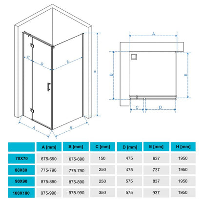 Firkantet Brusekabine 70x70 cm Sort Hærdet Glas 6 mm | TS-SMART-BLACK-A8-70x70