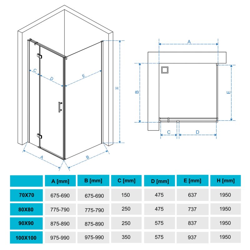Firkantet Brusekabine 70x70 cm Sort Hærdet Glas 6 mm | TS-SMART-BLACK-A8-70x70