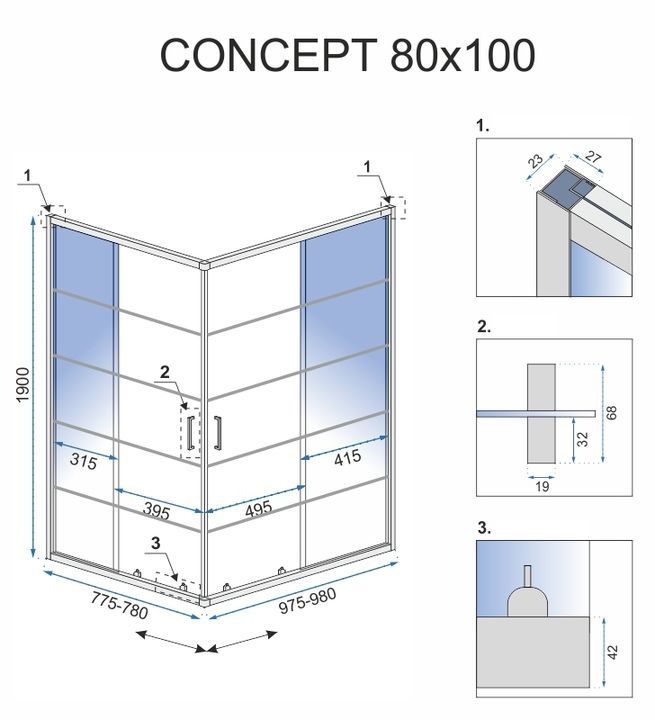 Hjørnebrusekabine 80x100x190 cm Sort Mat Aluminium