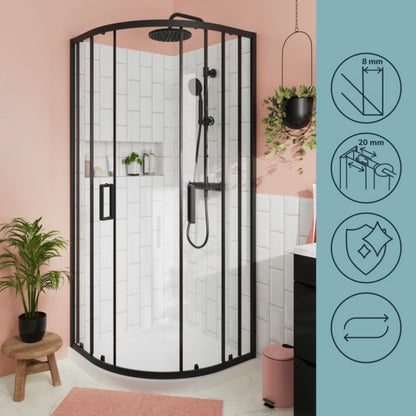Halvrund Brusekabine 90x90x195 cm Sort Mat / Transparent Glas