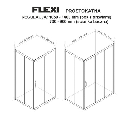 Rektangulært brusekabine Durasan Flexi, justerbar 73-90 x 105-140 cm, krom