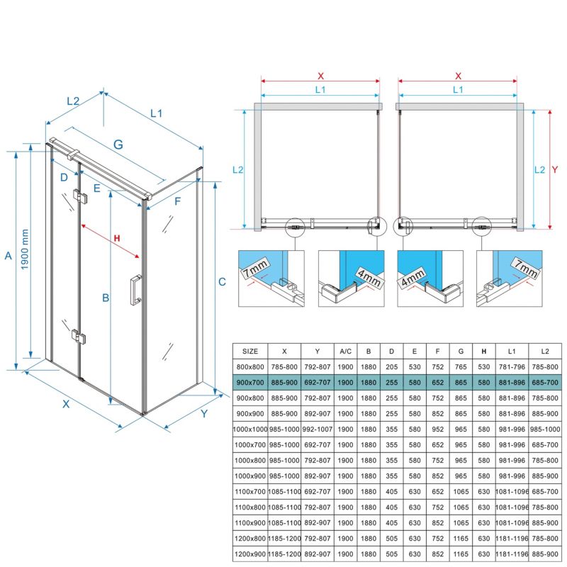 Rektangulært Brusekabine 90x70 cm Sort Hærdet Glas 6 mm