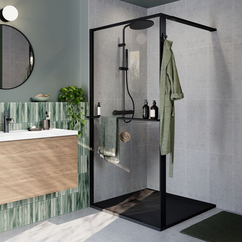 Walk-in brusevæg 100 cm sort/transparent med hylde