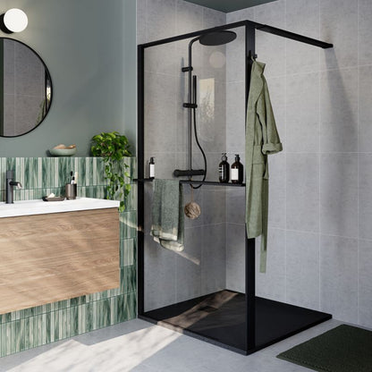 Walk-in brusevæg 100 cm sort/transparent med hylde