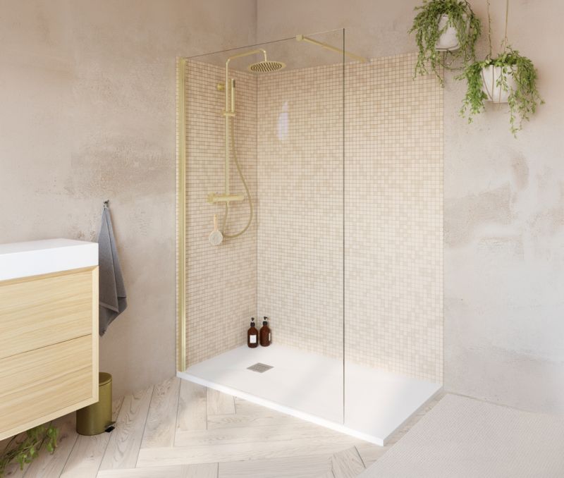 Walk-in Brusevæg 120 cm Guld Børstet / Transparent Glas