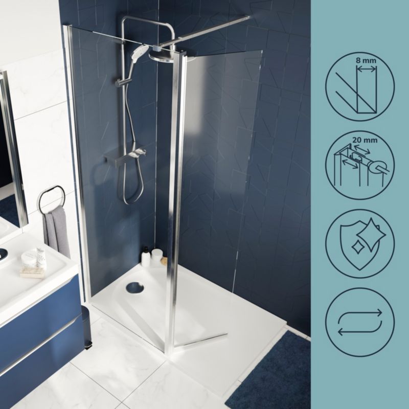 Walk-in Brusekabine 80 + 45 cm Chrom Gennemsigtig