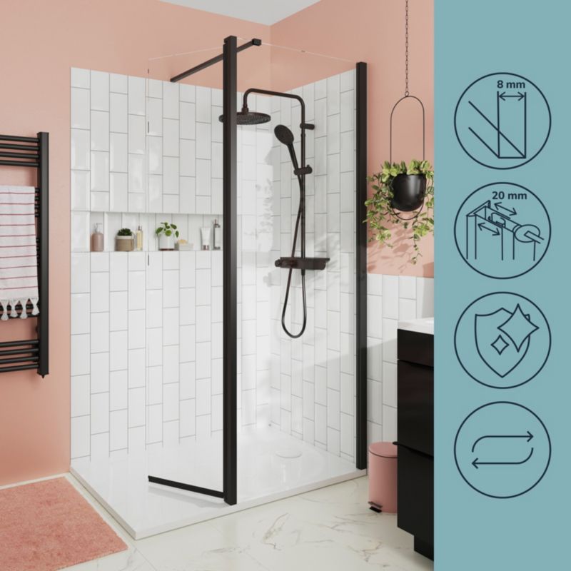 Walk-in Bruseniche 80+45 cm Sort Aluminium Gennemsigtigt Glas