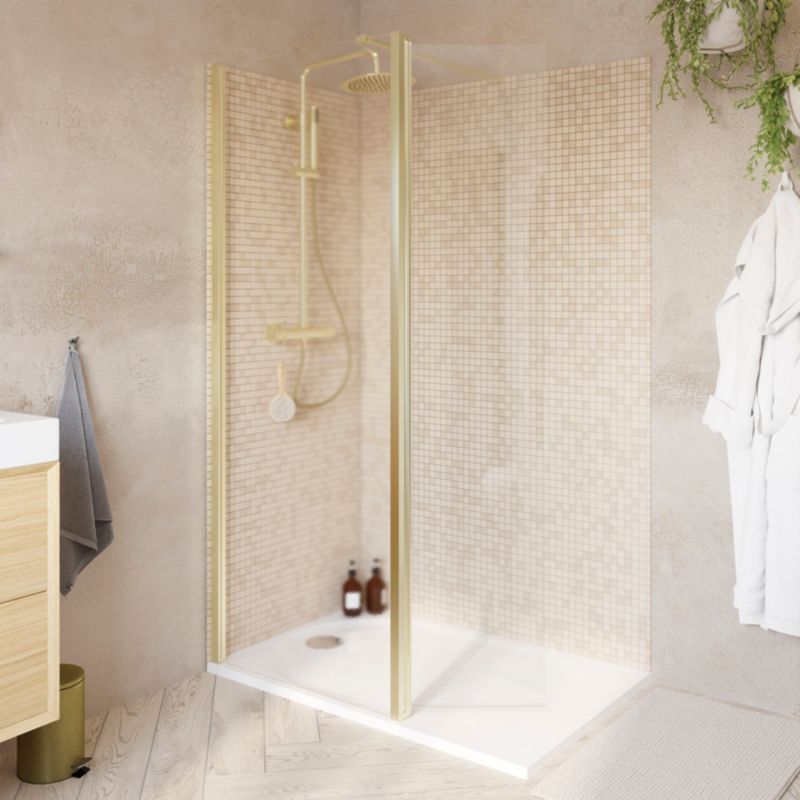 Walk-in Brusevæg 125 cm Guld Børstet med Antikalk Transparent Glas